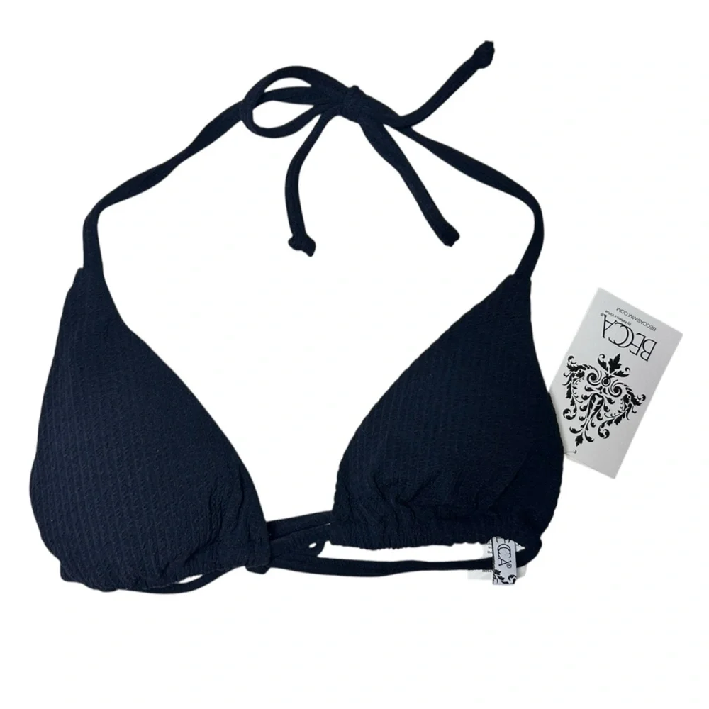 BECCA black ribbed triangle string tie bikini swim top size S NWT - Picture 3 of 6